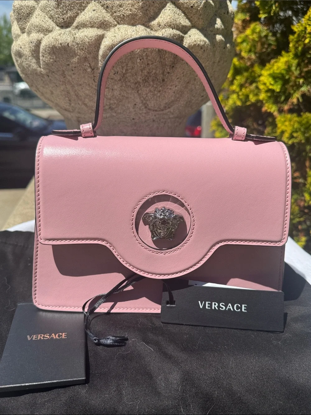 Versace Pink Leather Top-Handle Satchel with Silver Medusa, Calfskin Leather .Sm - Picture 3 of 12